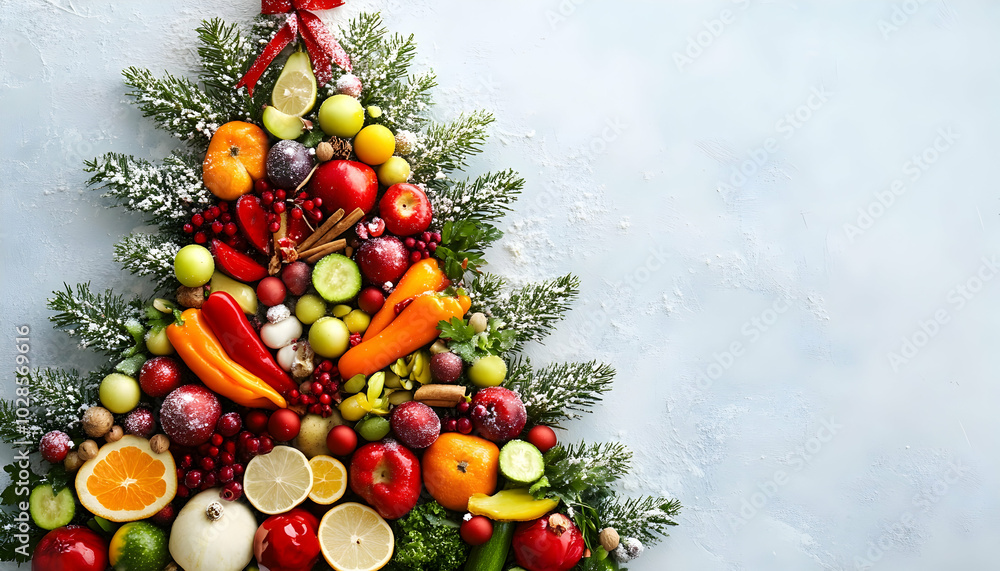 A Christmas tree creatively made from fresh vegetables and fruits, promoting healthy food habits during the festive season A Christmas tree creatively made from fresh vegetables and fruits, promoting healthy food habits during the festive season