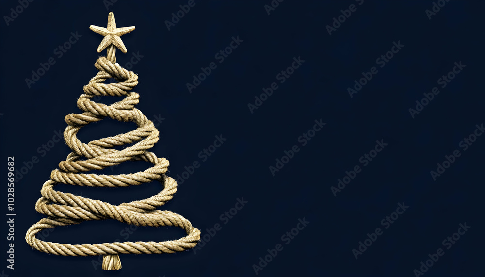 A Christmas tree made from rope, isolated on a navy blue background, with a nautical holiday theme A Christmas tree made from rope, isolated on a navy blue background, with a nautical holiday theme
