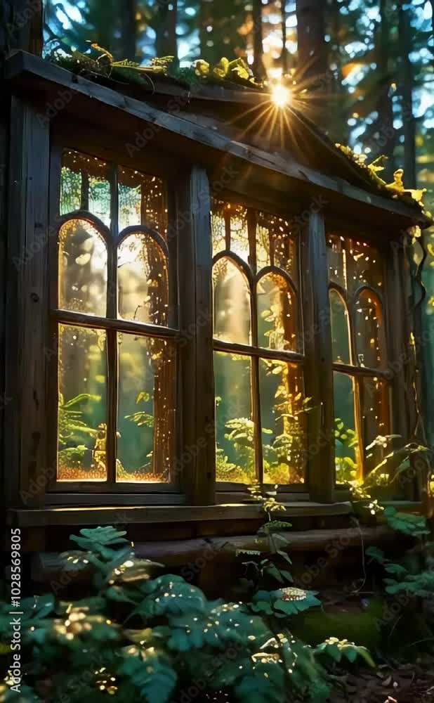 The fantasy window from the wooden house of the dwarves that looks out into the morning forest In the forest, the sun, birds, windows are beautifully intertwined in a vine The fantasy window from the wooden house of the dwarves that looks out into the morning forest In the forest, the sun, birds, windows are beautifully intertwined in a vine