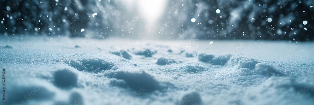 Obraz premium Snow-covered landscape with close-up view of falling snowflakes
