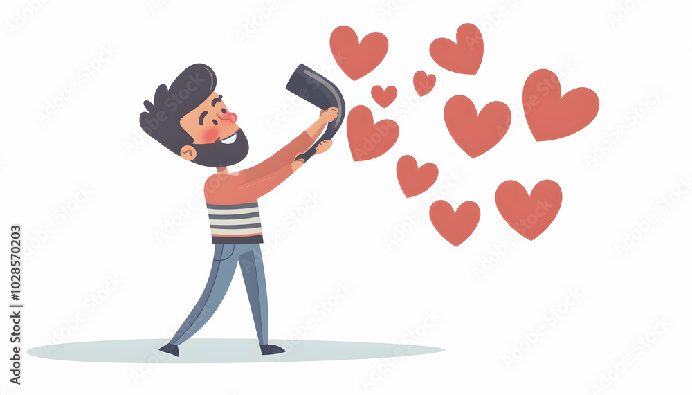 A cartoon man using a large magnet to attract hearts, set against a white background A cartoon man using a large magnet to attract hearts, set against a white background