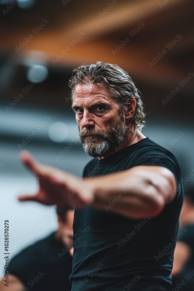 Focused man practicing martial arts in a gym during a training session Focused man practicing martial arts in a gym during a training session