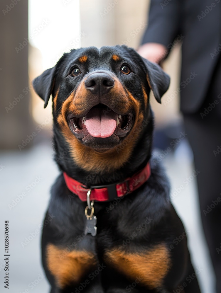 A cheerful Rottweiler with a red collar stands proudly on a city street as its owner walks nearby on a sunny day A cheerful Rottweiler with a red collar stands proudly on a city street as its owner walks nearby on a sunny day