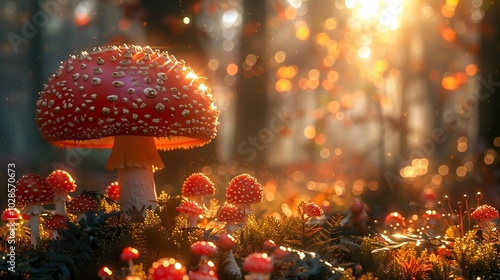 Enchanted Forest: Red Mushrooms in Golden Sunlight