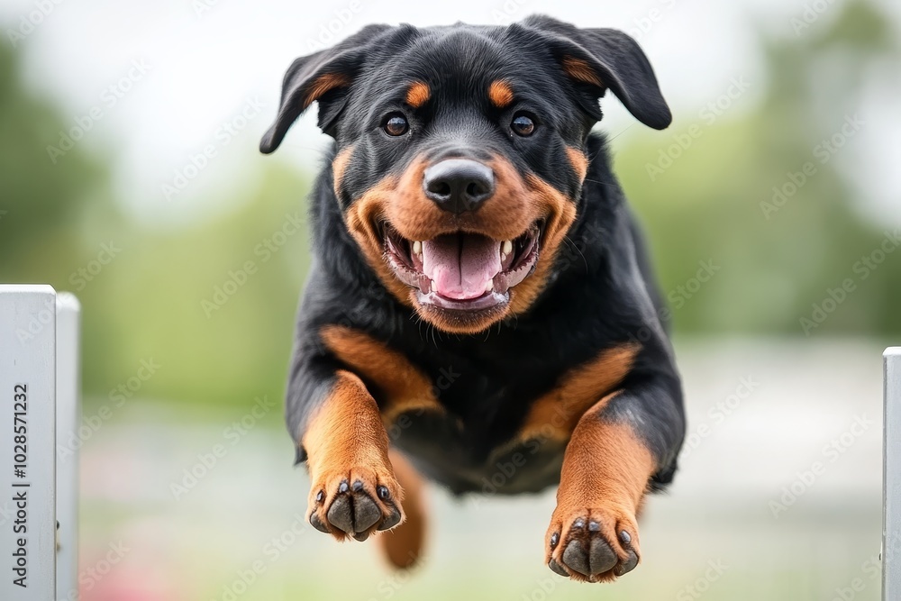 Joyful Rottweiler leaps over an obstacle in an outdoor park during a sunny day, showcasing agility and enthusiasm for play Joyful Rottweiler leaps over an obstacle in an outdoor park during a sunny day, showcasing agility and enthusiasm for play