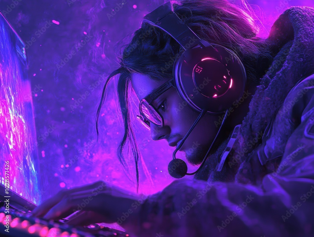 Gamer is playing a video game on his computer at his desk in his room Gamer is playing a video game on his computer at his desk in his room