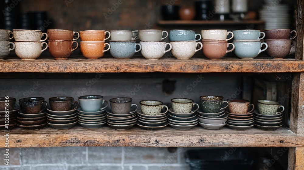 A wooden shelf with numerous cups and saucers stacked A wooden shelf with numerous cups and saucers stacked