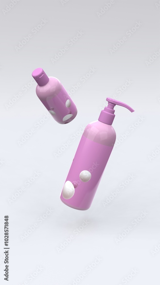 Elegant cosmetic bottles flying in the air on white background. Modern cover design. 3d illustration. Elegant cosmetic bottles flying in the air on white background. Modern cover design. 3d illustration.