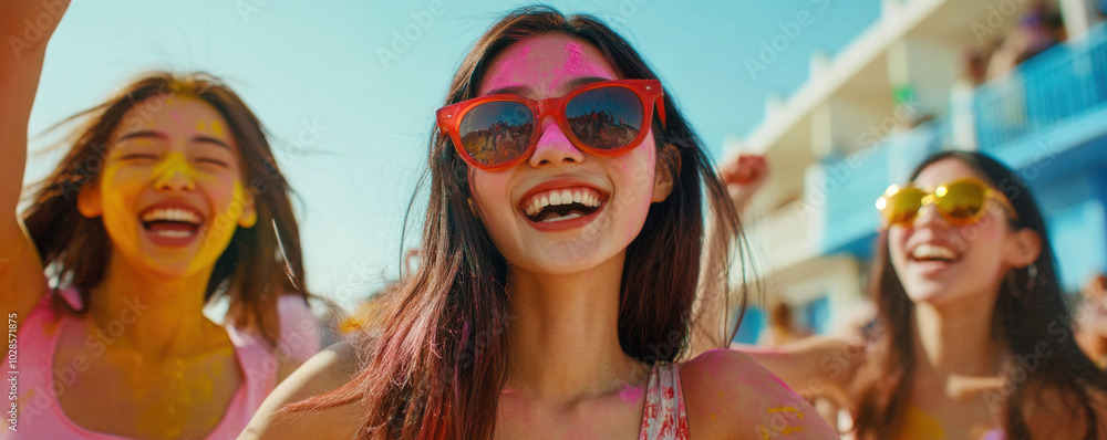 Joyful friends celebrating at vibrant Holi festival, covered in colorful powders, wearing sunglasses, and enjoying festive atmosphere Joyful friends celebrating at vibrant Holi festival, covered in colorful powders, wearing sunglasses, and enjoying festive atmosphere