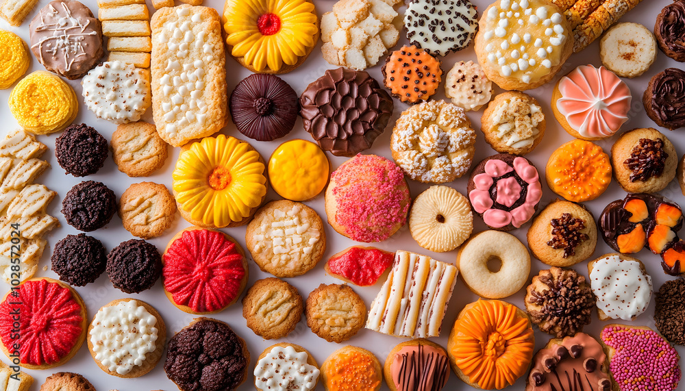 Fototapeta premium A colorful assortment of cookies and pastries, forming a delightful pattern for food lovers