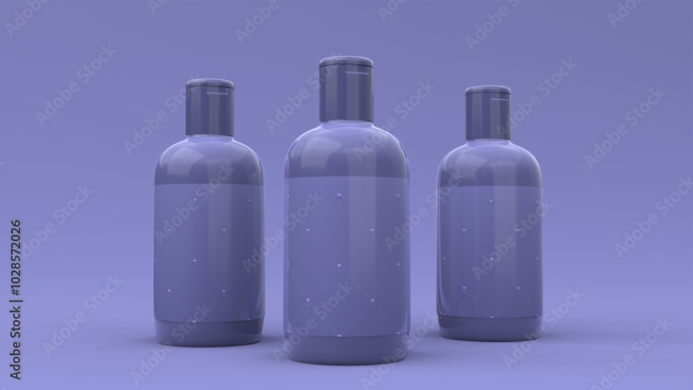 Elegant cosmetic bottles with label closeup on purple background. Modern cover design. 3d illustration. Elegant cosmetic bottles with label closeup on purple background. Modern cover design. 3d illustration.