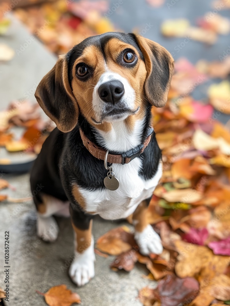 A beagle sits on colorful autumn leaves in a serene outdoor setting, showcasing its curious gaze and playful demeanor A beagle sits on colorful autumn leaves in a serene outdoor setting, showcasing its curious gaze and playful demeanor