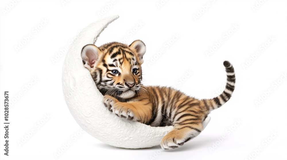 Obraz premium Dreamy Baby Tiger Sitting on the Moon