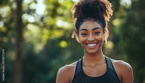 A confident woman smiling outdoors in athletic wear, exuding strength and positivity. 