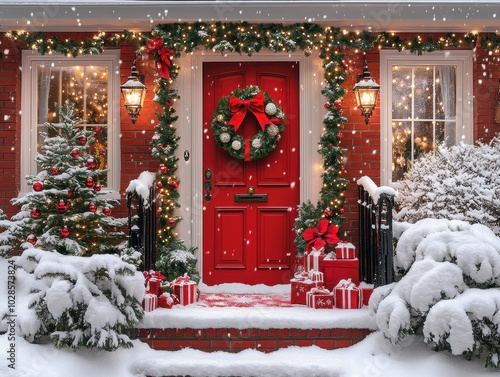 Red wooden door house decorated for christmas 