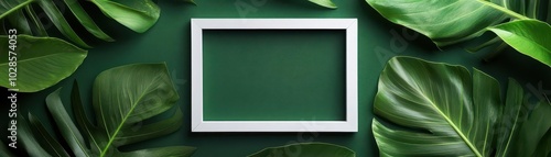 White frame on green leaves background