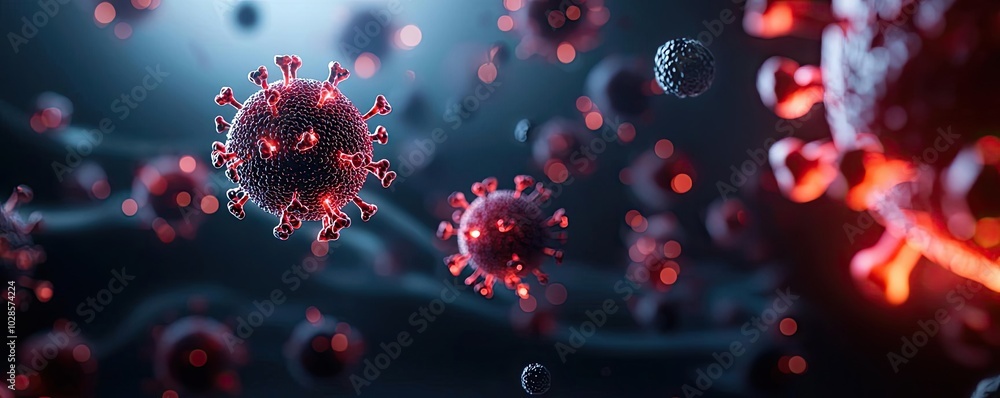 Virus particles floating in a dark, illuminated environment, colorful design. Virus particles floating in a dark, illuminated environment, colorful design.