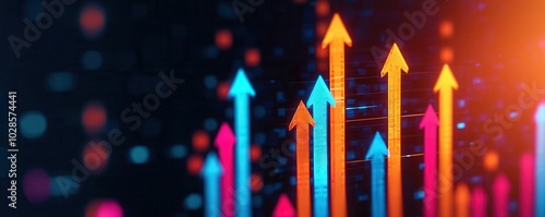 A futuristic graph with bold arrows shooting up towards the sky, highlighting rapid financial gains and a booming economy