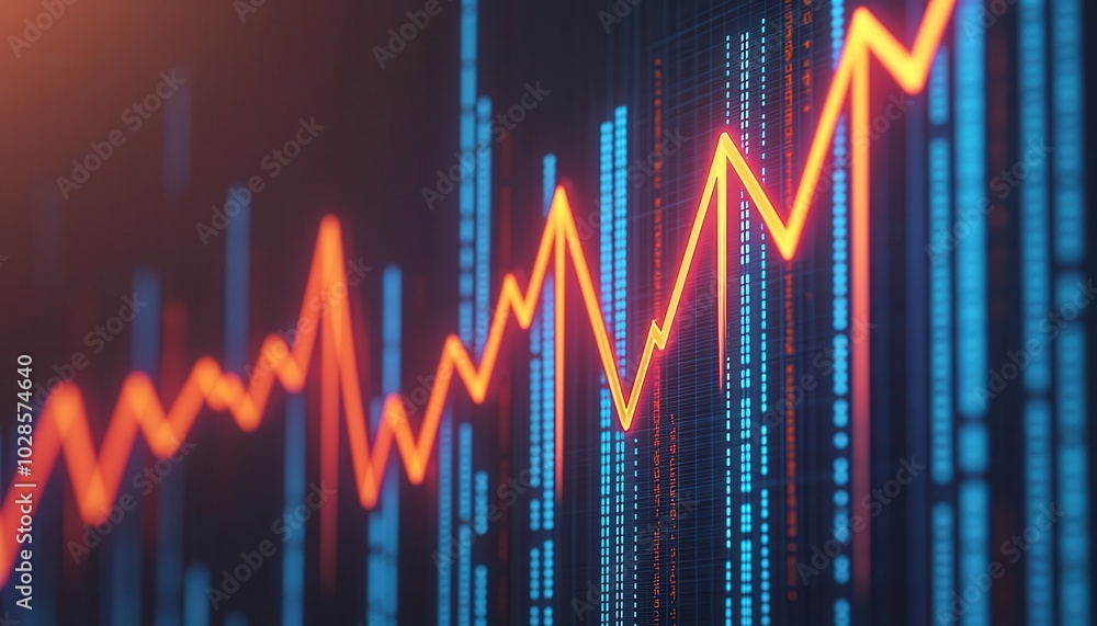 Fototapeta premium A modern graph with glowing arrows climbing steep slopes, representing rapid financial gains in a hightech economy