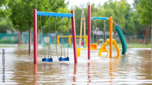 A flooded playground featuring swings and slides, illustrating the impact of heavy rain on recreational areas.