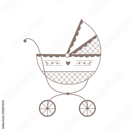 Baby carriage outline isolated on white. Line art buggy for kids walking.