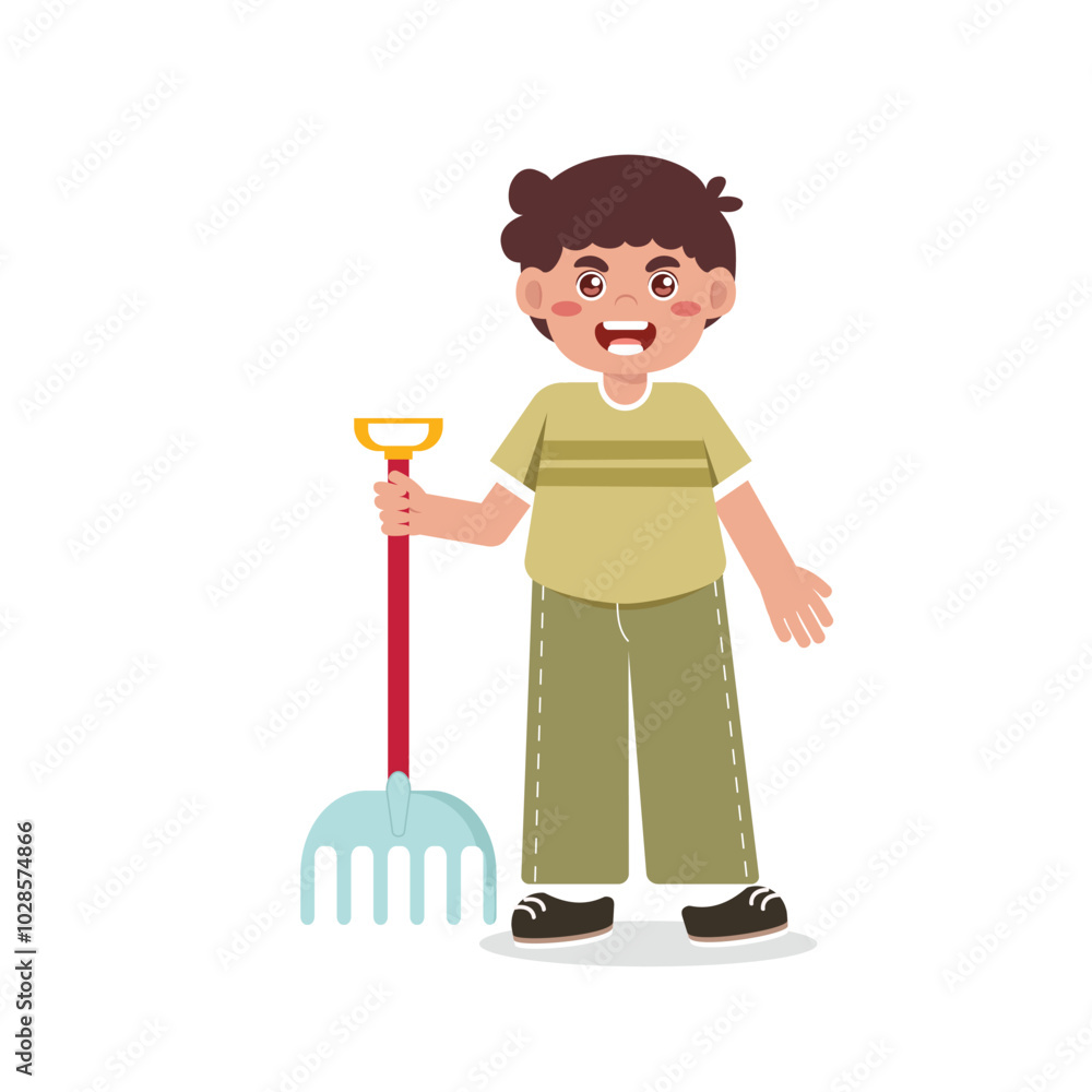 Kids Gardening Holding Rake Illustrations Bright Flat Design, Great for Posters or Activity Sheets Kids Gardening Holding Rake Illustrations Bright Flat Design, Great for Posters or Activity Sheets