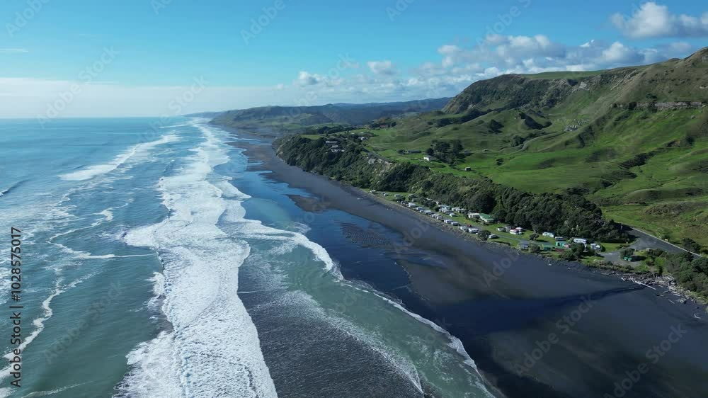 custom made wallpaper toronto digitalDrone shot over Awakino Beach, New Zealand with view of tranquil water on a calm day