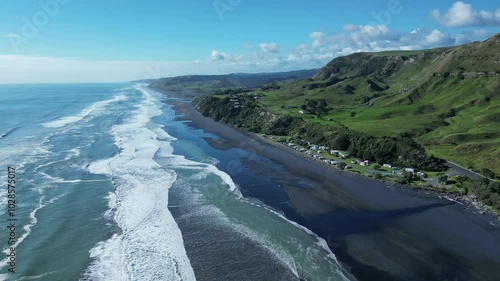 Wallpaper Mural Drone shot over Awakino Beach, New Zealand with view of tranquil water on a calm day Torontodigital.ca