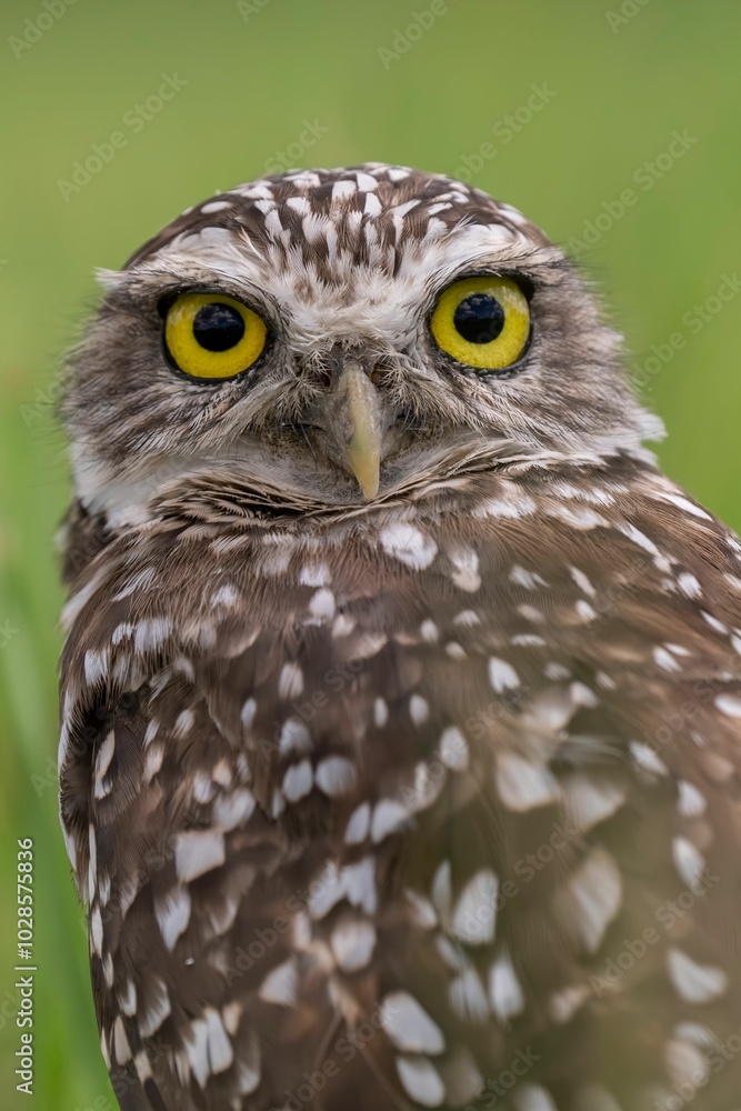 Close-up of a burrowing owl with yellow eyes and speckled feathers Close-up of a burrowing owl with yellow eyes and speckled feathers