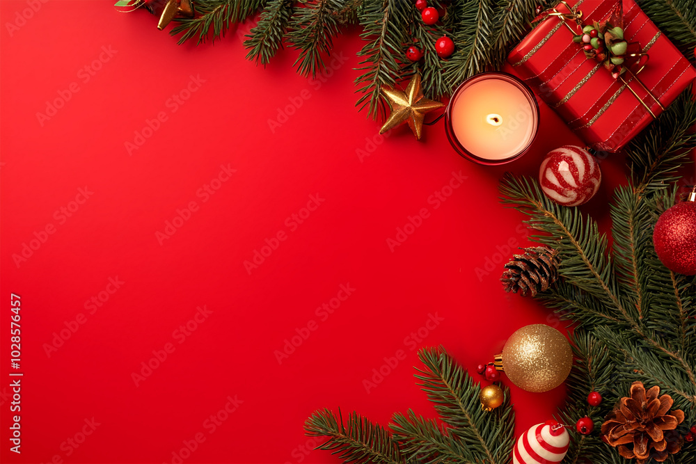 frame for Christmas banner on a red background. Christmas branches, decorations, gifts, decorated gifts, candies, canes, gingerbread. There is free space for text in the center frame for Christmas banner on a red background. Christmas branches, decorations, gifts, decorated gifts, candies, canes, gingerbread. There is free space for text in the center