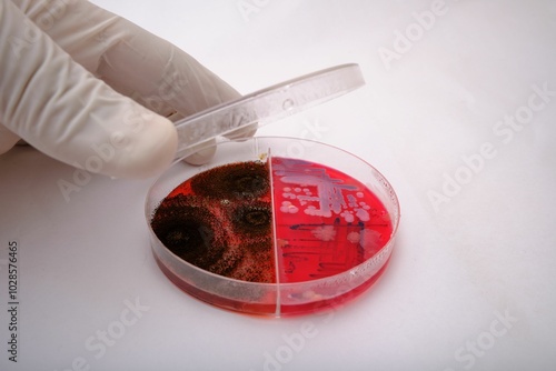 Close-up of a gloved hand holding a petri dish with bacterial, fungal cultures on red agar medium photo