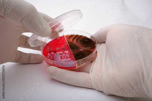 Close-up of a gloved hand holding a petri dish with bacterial, fungal cultures on red agar medium photo