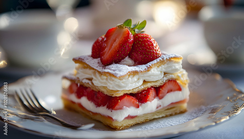 A delightful piece of pastry topped with strawberries and cream, elegantly presented on a tea table 