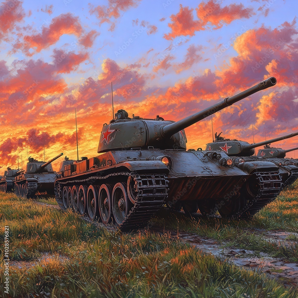 Fototapeta premium battle tanks moving through meadows under a cloudy sky
