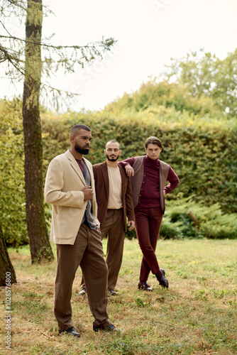 Three handsome men sport chic autumn attire while posing elegantly in a lush, colorful field.