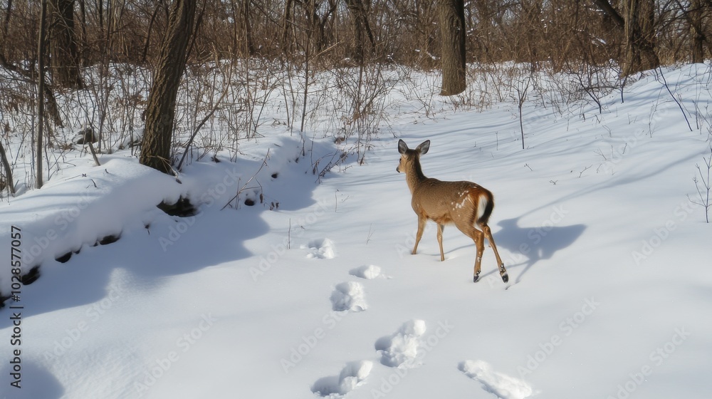 Deer Walking Through Snowy Forest Landscape Deer Walking Through Snowy Forest Landscape
