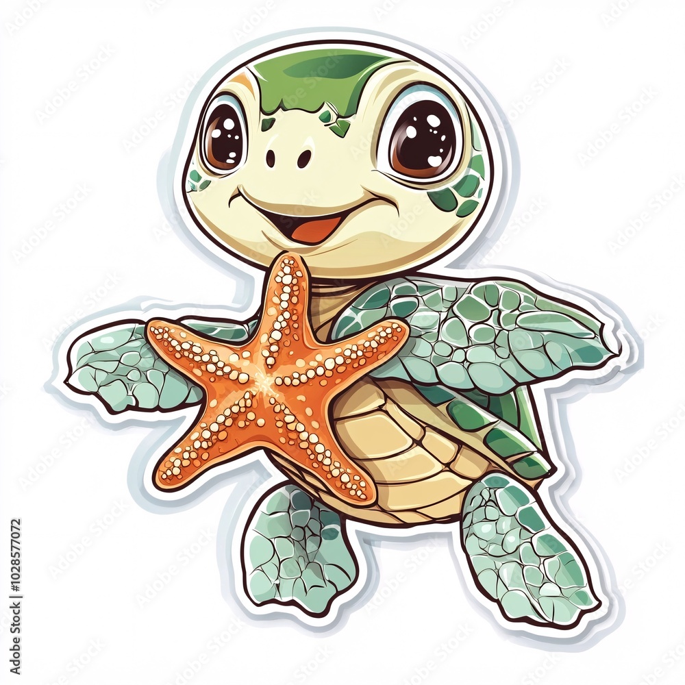 Fototapeta premium Adorable Sea Turtle with Starfish, Perfect for Kids