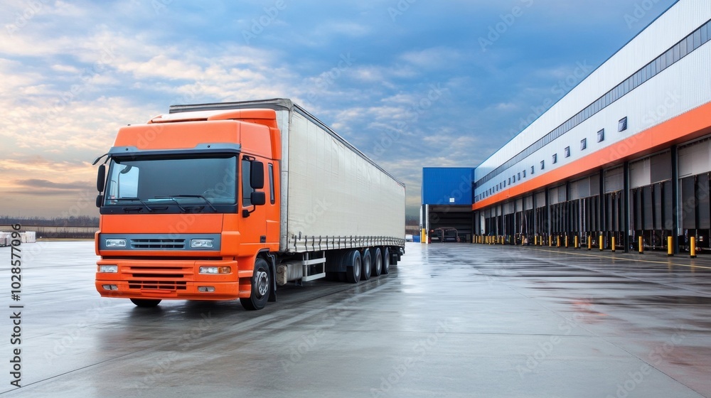 Bright Orange Truck at Distribution Center Dock Bright Orange Truck at Distribution Center Dock