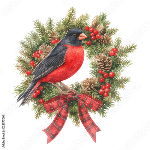 Watercolor Christmas wreath with bullfinch, poinsettia and fir branches. Hand painted holiday card with flowers on white background. Illustration for design, print, fabric or background.