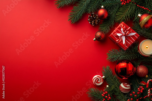 frame for Christmas banner on a red background. Christmas branches, decorations, gifts, decorated gifts, candies, canes, gingerbread. There is free space for text in the center