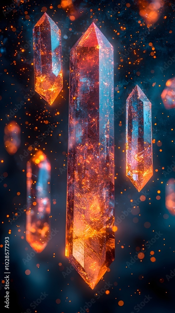 Obraz premium Three glowing crystals hang in a dark, ethereal setting. The crystals glow from within, emanating a soft, warm light.