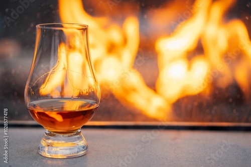 whiskey glass in front of outdoor fire pit photo