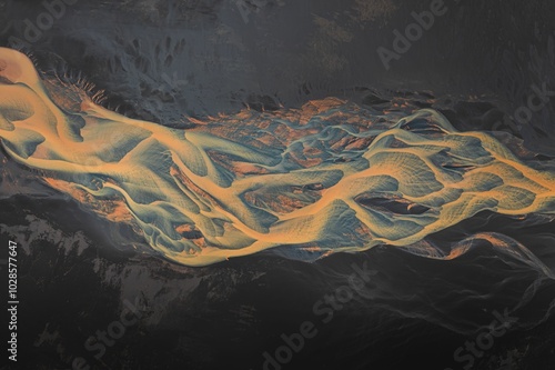 Aerial view of a vibrant river delta with intricate patterns photo