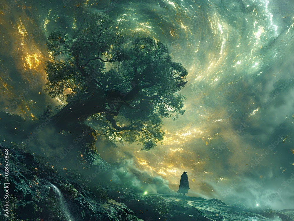 Fototapeta premium Mystical Forest Landscape with a Figure Under a Starry Sky