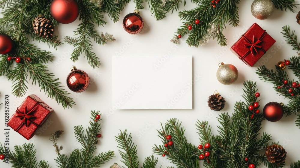 Christmas border composition with blank card and decorations on white background Christmas border composition with blank card and decorations on white background