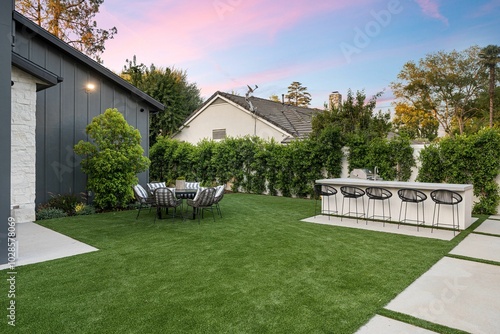 Modern backyard with dining set and bar area at sunset photo