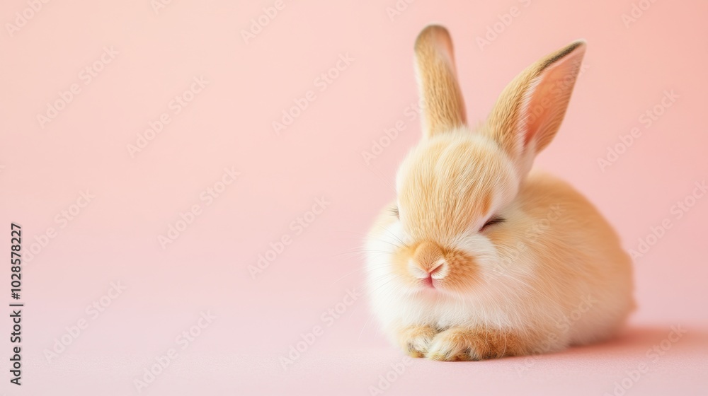 Stock minimalist photography of a bunny with closed eyes and a content expression, sitting on a light pink background under bright, soft lighting Stock minimalist photography of a bunny with closed eyes and a content expression, sitting on a light pink background under bright, soft lighting