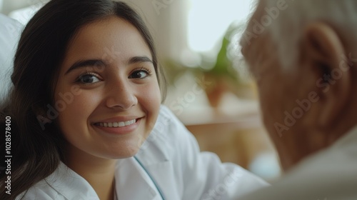 Young Latina nurse helping elderly patients, simple composition with minimal distractions, focusing on her support.