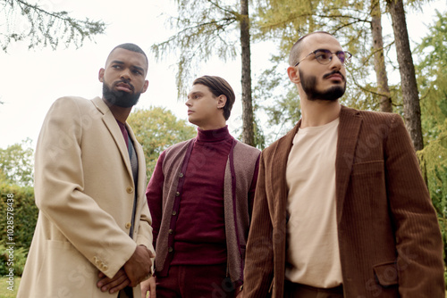 Handsomeness radiates as three men showcase their stylish autumn attire amidst vibrant, falling leaves.