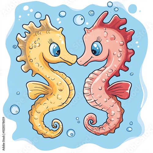 Adorable Cartoon Seahorses in Love Isolated Design photo